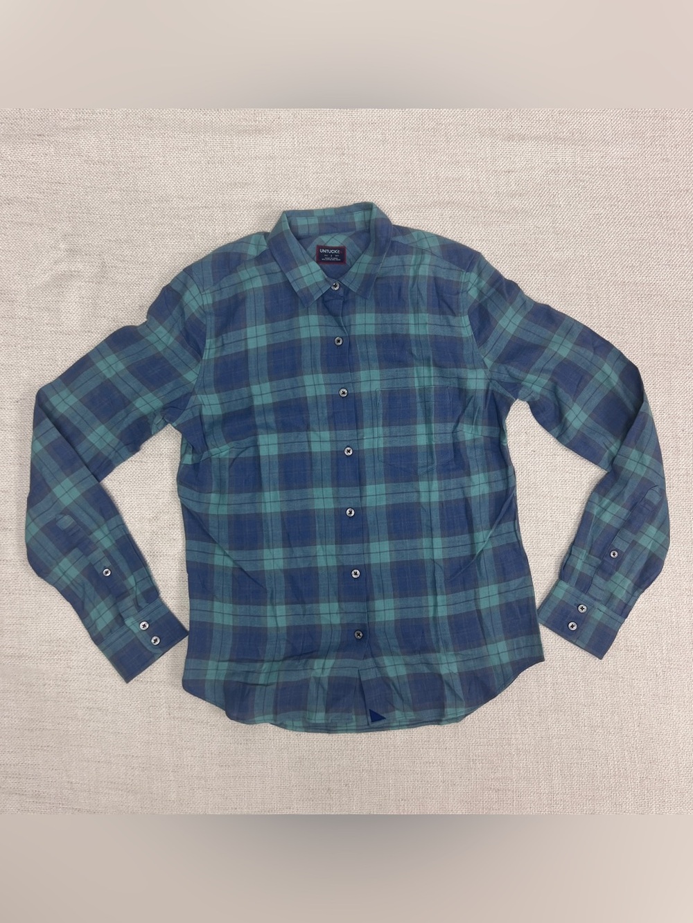 NWOT Untuckit Blue Plaid Button Down Shirt Sz 2 Cotton Tencel